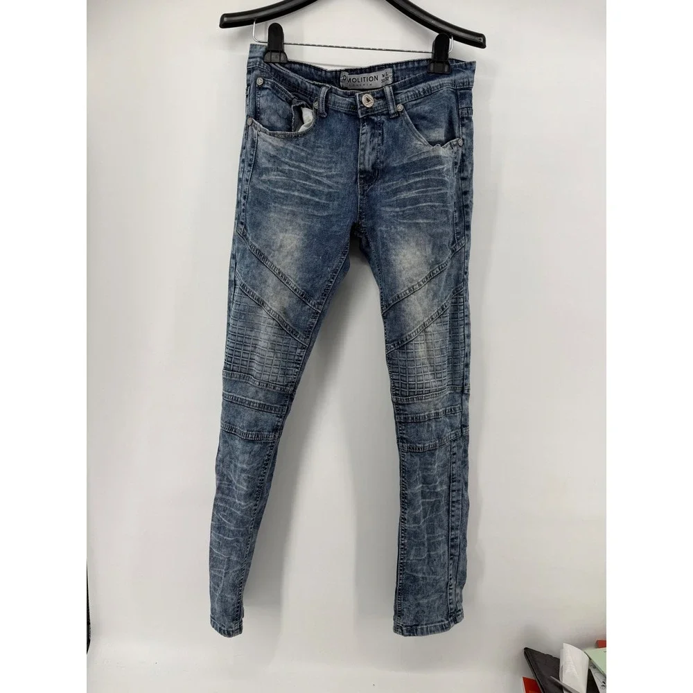 Demolition Ex Denim Mens 30x32 Biker Moto Jeans Acid Wash Blue Distressed Slim